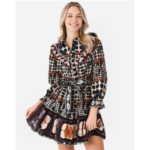 Cleobella Revolve Womens Boho Print Ruffle Tiered Mini Dress Long Sleeve Size XS